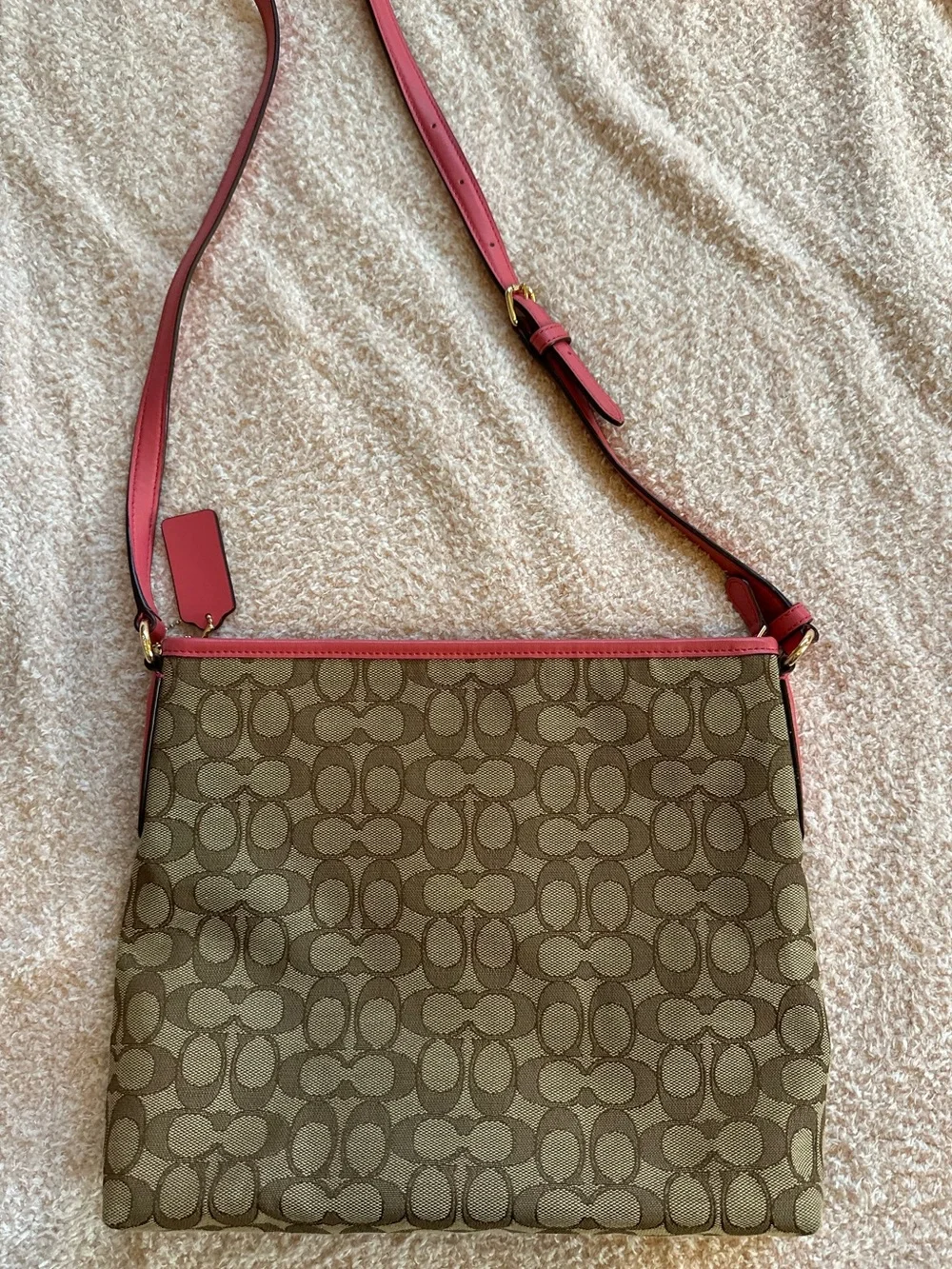 Coach Beige Signature Crossbody with Pink Leather Trim